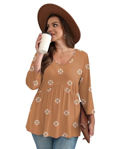 Image of OFEEFAN 3 /4 Length Sleeve Womens Tops 2026 Blouses for Women Dressy Casual Fashion Clothing V Neck Babydoll Tops Fall Outfits