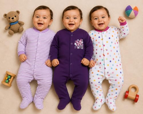 Image of EIO 100% Cotton Rompers /Sleep Suits /Jumpsuit /Night Suits for Baby Boys & Girls, Infants, New Born Pack of 3