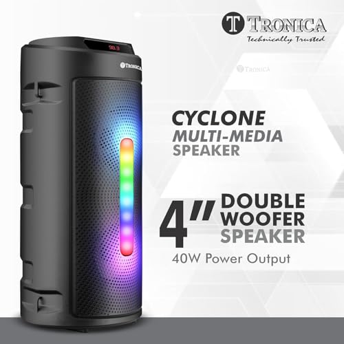 Image of Tronica Cyclone 4 Upgraded 30W Bluetooth Party Speaker with Dual Woofer, Enhanced Sound Circuit, RGB Lights, Wired Mic for Karaoke, 1800mAh Battery, Auto TWS, FM Radio, USB, SD Card & Remote (Black)