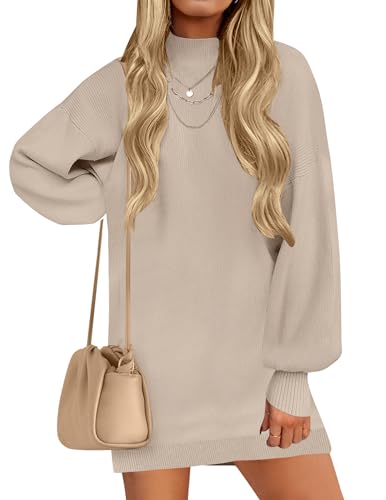 ZESICA Women's 2025 Fall Turtleneck Sweater Dress Oversized Long Lantern Sleeve Casual Knit Pullover Mini Dresses Almond Medium