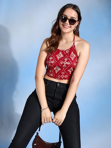 Image of Yash Gallery Women's Regular Fit Cotton Geomatrical Handblock Printed Freesize Backless Sleeveless Blouse