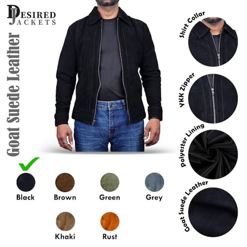 Image of Mens Polo Collar Zipper Suede Shirts Long Sleeve Shacket Suede Trucker Jacket Real Suede Leather Shirt