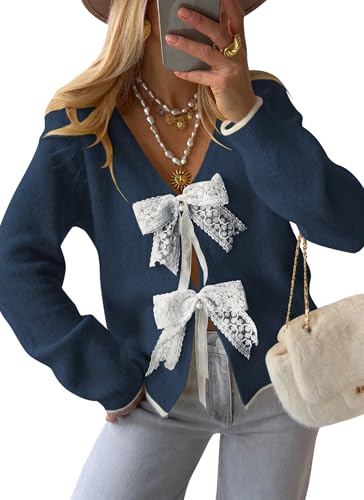 Image of Cakulo Womens Bow Tie Sweater V Neck Cardigan Sweaters 2026 Lightweight Spring Fashion Knit Cardigans Outfits