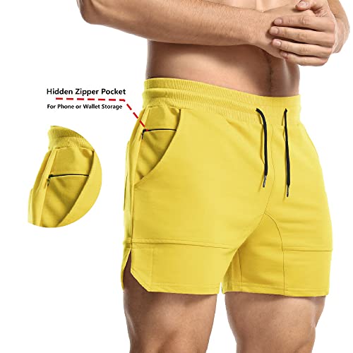 EVERWORTH Men's Workout Shorts Fitness Bodybuilding Running Fitted Short Gym Training Jogging Short Pants with Zipper Pocket and Towel Loop Yellow US L Tag 2XL - Thumbnail 4