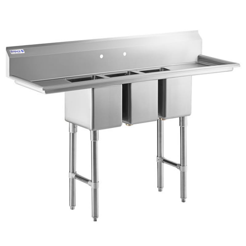 Image of Empura 98 inch Wide Stainless Steel Three Compartment Commercial Sink | Utility 10 inch x 14 inch Bowl for Restaurant Laundry Garage | (2) 12 inch Drainboard, 9.75 inch Backsplash, 98 inchW x 29.5 inchD x 44.25 inchH, 16 Gauge, NSF