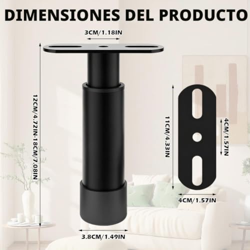 Patas de cama regulables de 12 a 18 cm con base negra antideslizante, pack de 4 unidades 2
