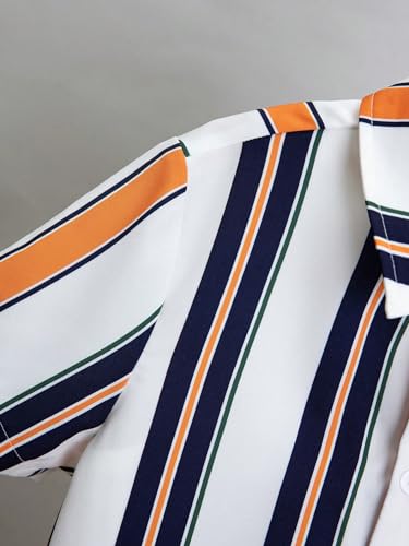 Image of Verdusa Boy's 2 Piece Outfits Striped Print Short Sleeve Collared Button Down Shirt and Shorts Set Orange White 10Y