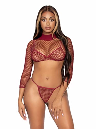 Leg Avenue Women's 3 Pc Fishnet Bikini and Crop Top Set, Burgundy, O/S - Image 4