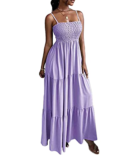 Image of Sexyshine Women's Square Neck Halter Lace Up Criss Cross Maxi Dress Tie Back Sleeveless Smocked Ruched A Line Dress