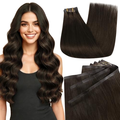 Image of Full Shine Invisible Clip in Hair Extensions, 22 Inch 160g 8 Pcs Dark Brown | Human Hair Extensions, Seamless Ultra-Thin Weft, Full Head Coverage, Thick Ends, Adds Volume,Heat Friendly, Wedding Styling