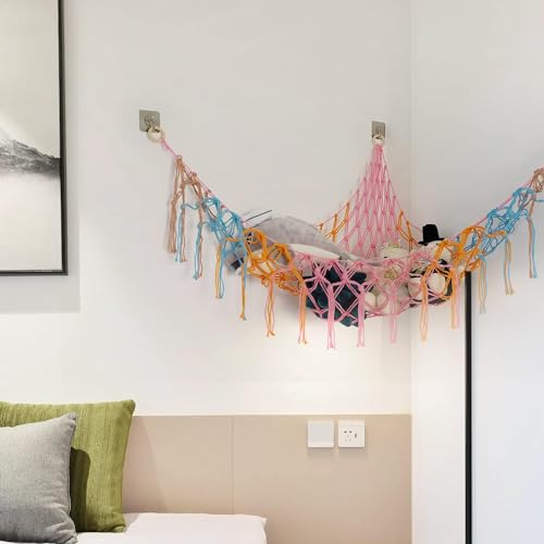 Zazza Home Decor - Boho Stuffed Animals Net or Hammock Large,55 inch Toy Hammock Macrame Storage Corner Hanging Net Holder,Mesh Hammock Plush Toy Organizer for Bedroom,Nursery (Colorful)
