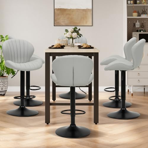 Image of COLAMY Bar Stools Set of 4, Modern Swivel Bar Chairs, Adjustable Faux Leather Upholstered Barstools Counter Height with High Backrest for Bar, Kitchen Island, Dining Room, Grey