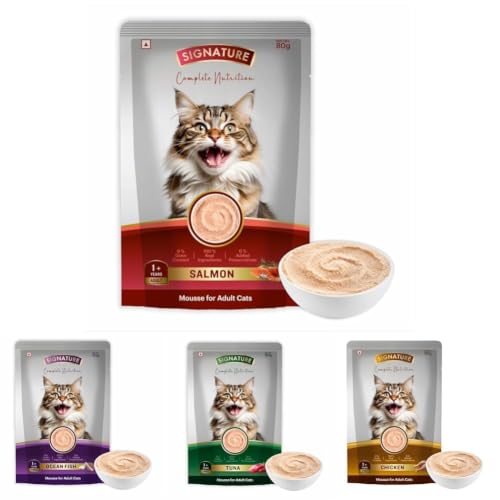 Image of Signature Grain Zero Adult Cat Wet Mousse, Assorted Flavours Pack of 12 (960g) | Salmon, Ocean Fish, Tuna & Chicken | Rich in Protein | Promotes Hydration | Easy to Digest