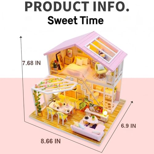OZJAY DIY Miniature House Kit, Mini House Building Kit with LED & Furniture, DIY Wooden Dollhouse Miniature Kit for Adults Teen, Wooden Crafts Lovely Dollhouse Kit, Sweet Time