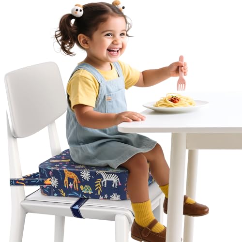 Image of Toddler Booster Seat for Dining Table and Kitchen Chair - Adjustable Safety Straps, PU Leather, Non-Slip, Easy to Clean, Portable Travel Foam Booster Cushion for Kids & Toddlers ((Blue-Animals)