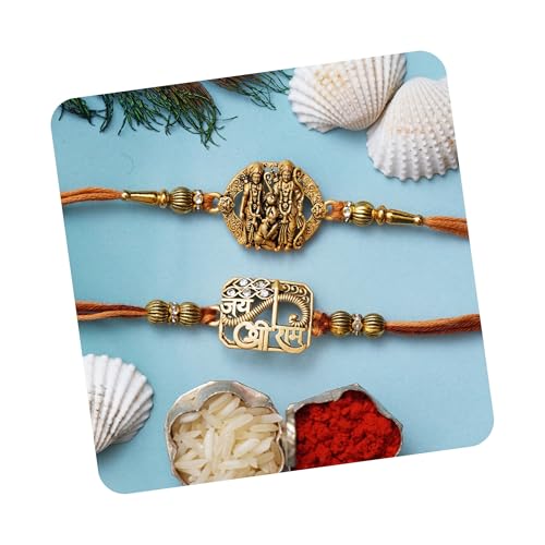 Image of eCraftIndia Set of 2 Green & Golden Shri Krishna and Radha Krishna Playing Flute Designer Religious Rakhis | Roli Chawal Pack | Rakhi for Brother
