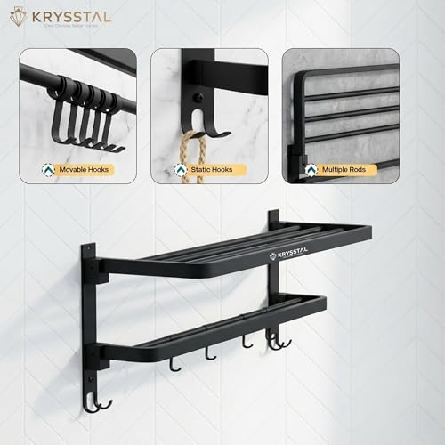Image of Towel Holder in Bathroom - Towel Hanger for Wall,TwinFlex 304 Stainless Steel Foldable Towel Rack, Rustproof Wall Mounted Bathroom Shelf with Hooks, Heavy Duty Bathroom Accessories,24 Inch, Black