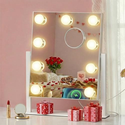 SONGMICS Specchio da Trucco con Luci, Controllo Touch, 9 LED Dimmerabili, 3 Temperature Colore, 25 x 30 cm, San Valentino per Lui, Bianco Opaco LWM005WC02