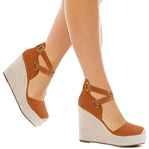 Image of PiePieBuy Womens Wedge Espadrille Ankle Strap Closed Cap Toe Platform Heeled Sandals