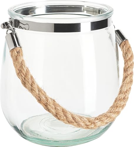 VBS Windlicht-Glas mit Kordel, ca. H 14 cm, Dekorative Laterne für Garten, Terrasse, Innenbereich