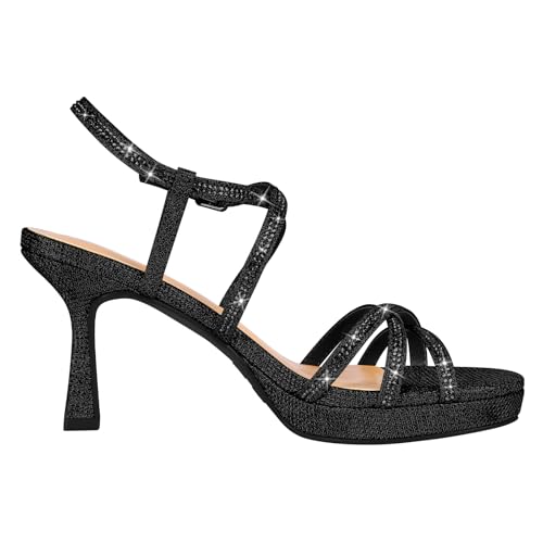 PIZZ ANNU Women's Stellora Platform High Heels Block Chunky Strappy Sparkly Rhinestone Open Toe Ankle Strap Dress Pump Sandals Shoes for Party Wedding3