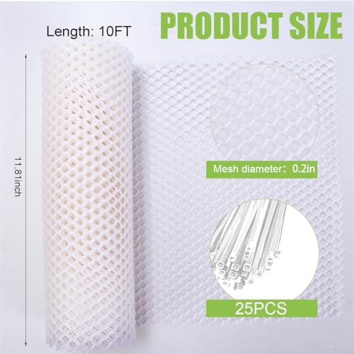 Plastic Chicken Wire Fence Mesh Poultry Fencing 11.81IN x 10FT Hexagonal Fencing Wire for Gardening, Floral Netting Chicken Wire Frame with 25Pcs Cable Ties