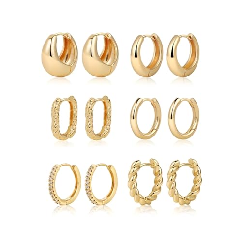 Gold Hoop Earrings for Women, 6 Pairs Gold Plated Huggie Earrings Set, Small Cartilage Mini Hoops Hypoallergenic Earrings for Multiple Piercings, Women, Girls, Men