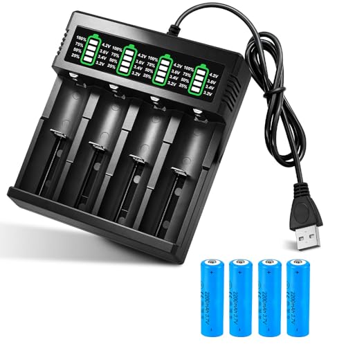 Battery Charger Set with 2 Pack 3.7V 2200mAh Battery Button Top Li-ion, 2-Bay 3.7V, Li-ion Rechargeable Batteries for 18500 21700 26650 14500 16340 10440 18650 (4 Pack)
