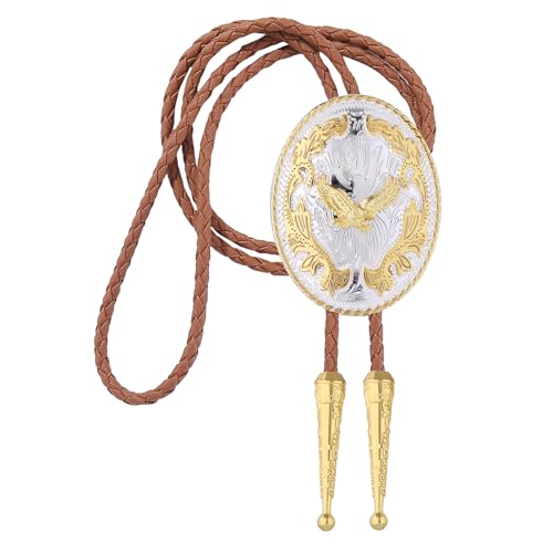 Image of GelConnie Brown Bolo Tie for Men Women Western Ties Mens Gold Bolo Tie Rodeo Cowboy Leather Necktie Cowgirl Tie Wedding