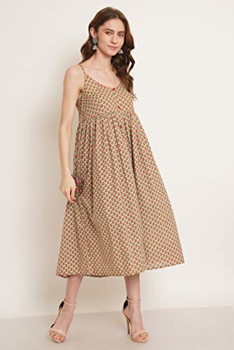 Image of COTLAND Fashions Jaipuri Cotton Printed Flared Strappy A-Line Dress for Women (Ocean Orchid)