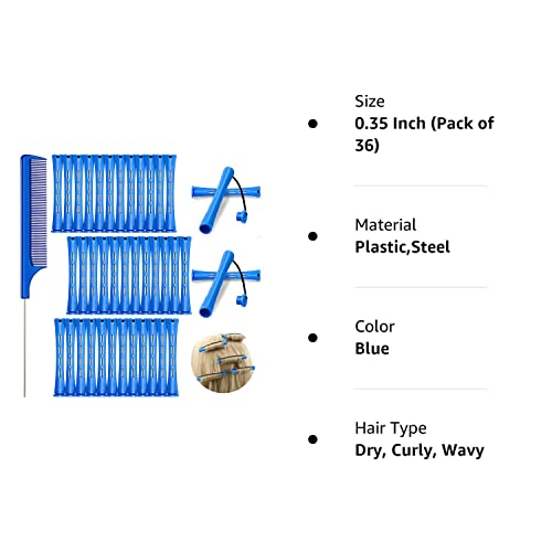 36 Pieces Cold Wave Rod Hair Perm Rods Hair Rollers Perming Rods Curlers With Steel Rat Tail Comb For Hairdressing Styling (Blue, 0.35 Inch) #TOP7