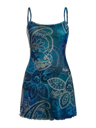 Image of Milumia Mini Dress for Women 90s Boho A Line Mesh Short Dresses | Spaghetti Strap,Sleeveless,Vintage,Paisley Print,Festival,Going Out,Cowgirl,Y2k,Goth