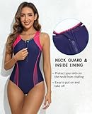 CharmLeaks Women Front Zip One Piece Swimsuit Athletic Racerback Lap Bathing Suit Hop Pink/Navy M - Image 2