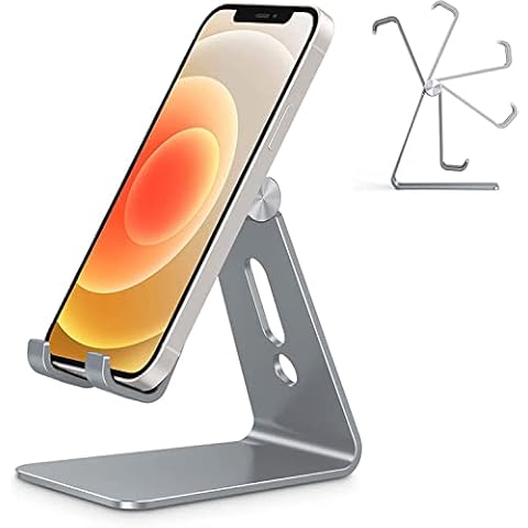 Nidiox Phone Stand for Desk Cell Phone Holder Adjustable Compatible with iPhone 14 13 12 Pro Max 11 XS Max XR X 8 Plus, Aluminum Metal Desktop Phone Stand Portable - E260 Grey Cover