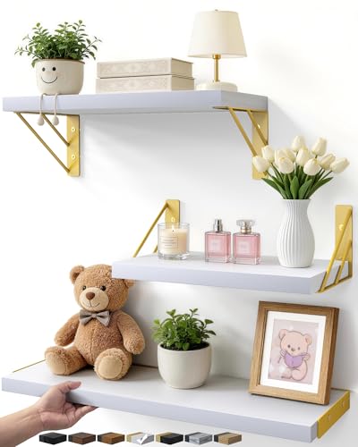BAYKA Wall Shelves for Bedroom Decor, Floating Wall Shelves for Living Room Kitchen Storage, Wall Mounted Rustic Wood Shelves for Kids Books,Corner Shelves for Bathroom(White and Gold，Set of 3)