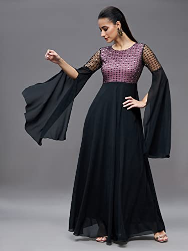 Image of Miss Chase Women's Round Neck Sleeve Embellished Fit Flare Maxi Dress