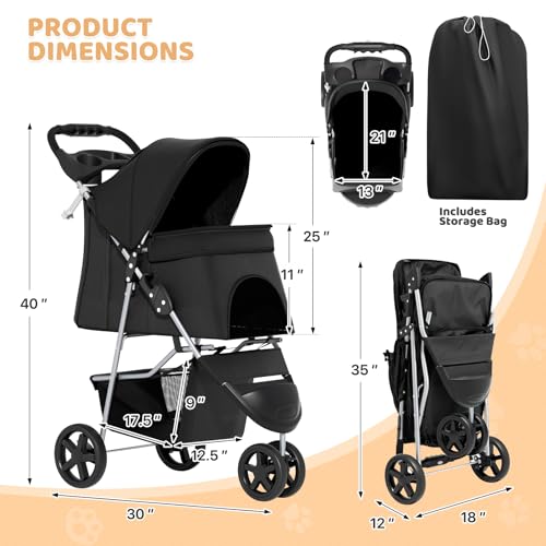 Image of Magshion 3-Wheel Pet Stroller, Foldable Travel Jogger for Small & Medium Dogs & Cats (Up to 33lbs), Lightweight Carrier with Breathable Mesh Cover, Cup Holder & Storage Basket, Black
