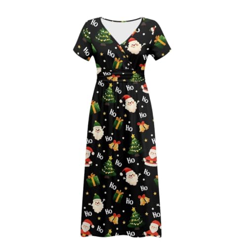 Image of Women's Fall Summer Short Sleeve Ankle Length V-Neck Party Dress with Pockets Size S-3XL