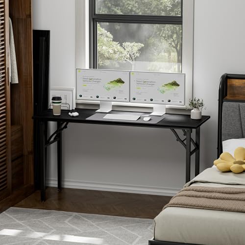 Image of TEMI Long Computer Desk Folding Table - 55.1 inch Foldable Office Desk, No Assembly, Perfect Writing Table for Bedroom or Apartment, Portable Large Desk or Study Table with Compact Design, Dark Oak