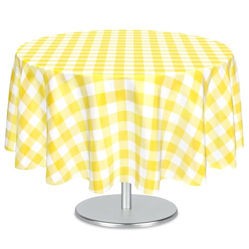 Mulbozy 2 Pcs Yellow Gingham Round Tablecloth, 84 inches Disposable Plastic Yellow and White Checkered Circle Table Covers for Baby Shower Wedding Bridal Shower Birthday Party Decorations