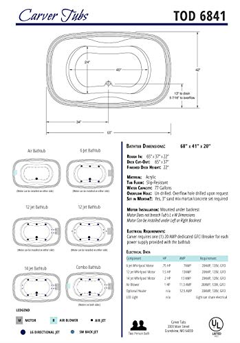 Carver Tubs - Tod6841 - Whirlpool Bathtub W/Heated 6 Jet - 68"L X 41"W X 20"H - Spacious White Acrylic Oval Tub #TOP5