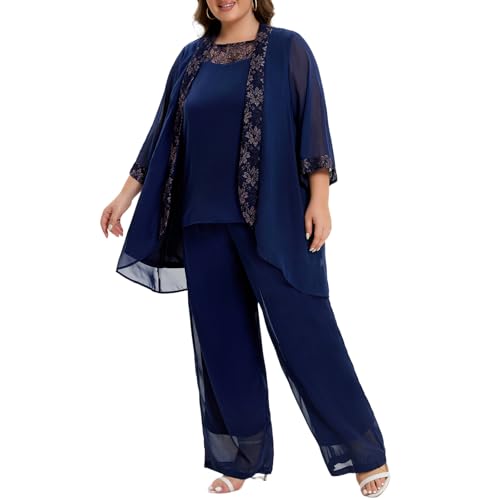 Women's Plus Size Mother of Bride Pant Suits 3 Piece Chiffon Party Sets Lace Splicing Design Evening Gowns4