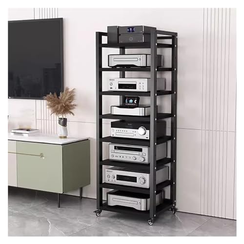 Stojak na sprzęt audio HiFi z regulacją wysokości i kółkami, 4-7-poziomowy, otwarta szafka HiFi, wytrzymała półka na nośniki DVD, ruchomy stojak AV do kina domowego (czarny, nr 2, 8 poziomów