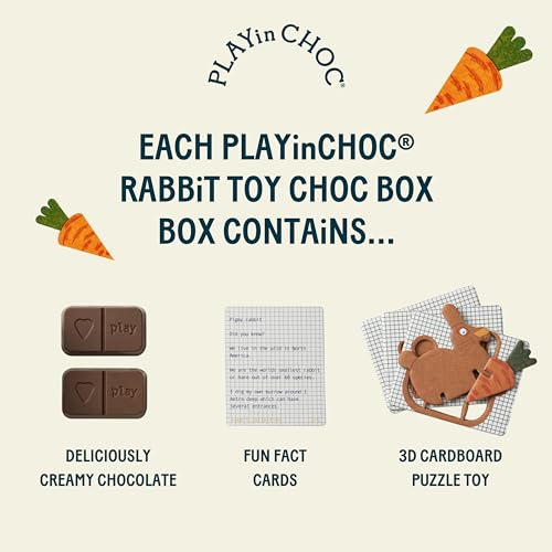PLAYin CHOC ToyChoc Box - Chocolate Gift Box for Kids With Surprise 3D Puzzle Toy, Gluten, Nut & Dairy Free Chocolate, Award Winning Vegan UK Chocolatier - Rabbits