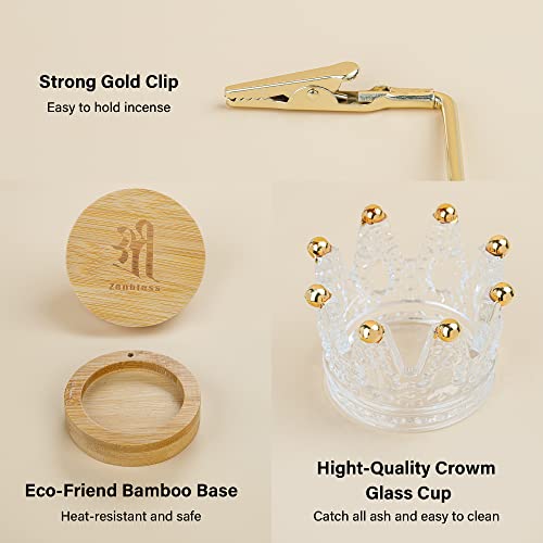 Zenbless Incense Holder For Sticks, Anti-Ash Flying Incense Burner, Bamboo Insence-Stick Holder With Removable Crown Glass Ash Catcher Brass Incense Stick Stand, Decoration For Meditation Yoga Room #TOP1