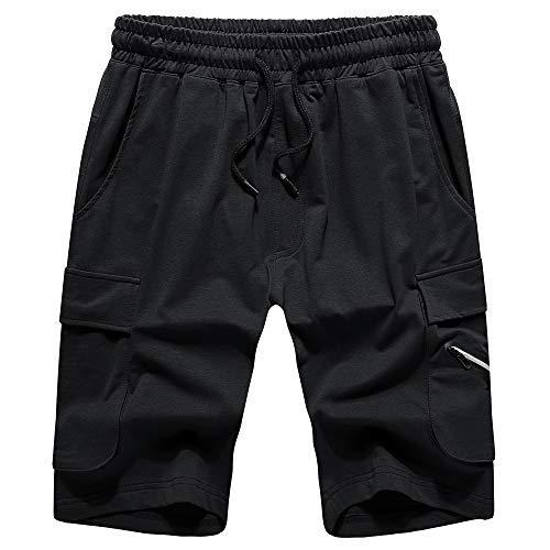 TOLOER Mens Cargo Sweat Shorts, Casual Summer Loose Fit Fleece Shorts Elastic Waist Pockets (Black, L)