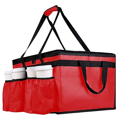 Image of musbus Insulated Food Delivery Bag with Cup Holders /Drink Carriers Premium XXL, Great for Beverages, Grocery, Pizza, Commercial Quality Hot and Cold, Red-bt, 23 inchW * 14 inchD* 15 inchH, cup sleeve insulation