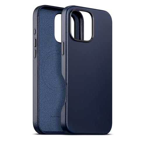 Coque iPhone 16 Pro boutons métal et cuir véritable bleu MagSafe