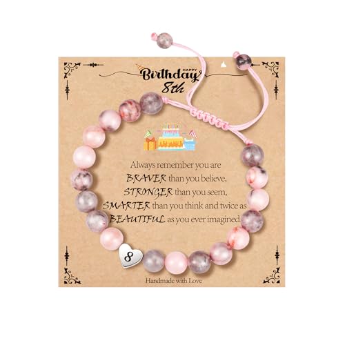 Image of WEDDINEN 5-14 Year Old Birthday Gifts for Girls, Adjustable Pink Nature Stone Heart Bracelet with Message Card for Daughter Granddaughter Niece Sister Friend