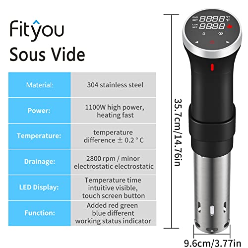 Fityou Accu Slim Sous Vide Thermal Immersion Circulator, 1100W Vacuum Precision Cooker with Precise Temperature and Timer, Full Touch Screen Control, Ultra-Quiet Sou Vide Slow Cooker, Recipe